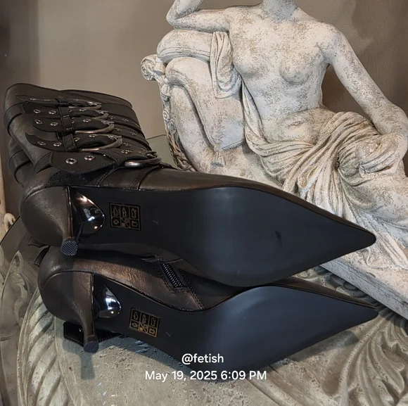 Jeffery Campbell Knee High Seatbelt Boots Brown Distressed Leather Grainy #70 - Picture 11 of 12